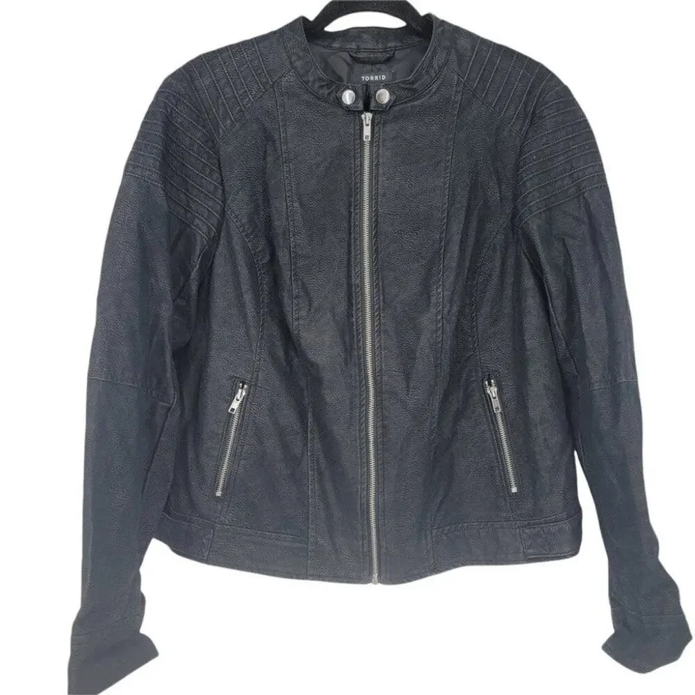 Torrid Faux Leather Full Zip Snap Button Neck Long Sleeve Moto Jacket Size 2X
